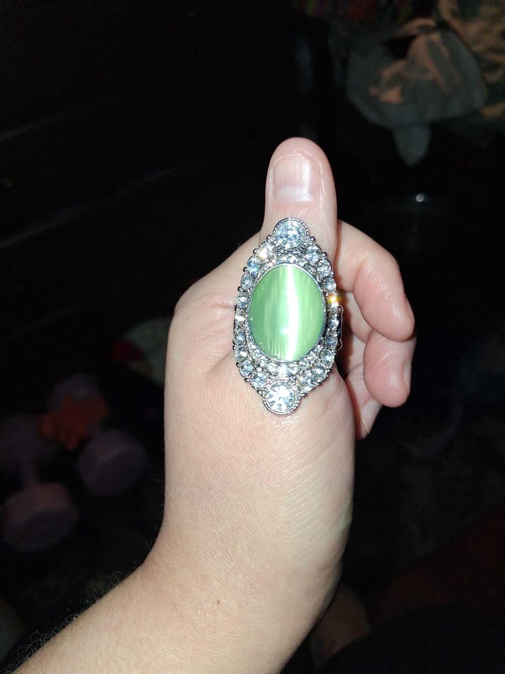 Source Unknown Silver-Tone Green Cat's Eye Oval Ring